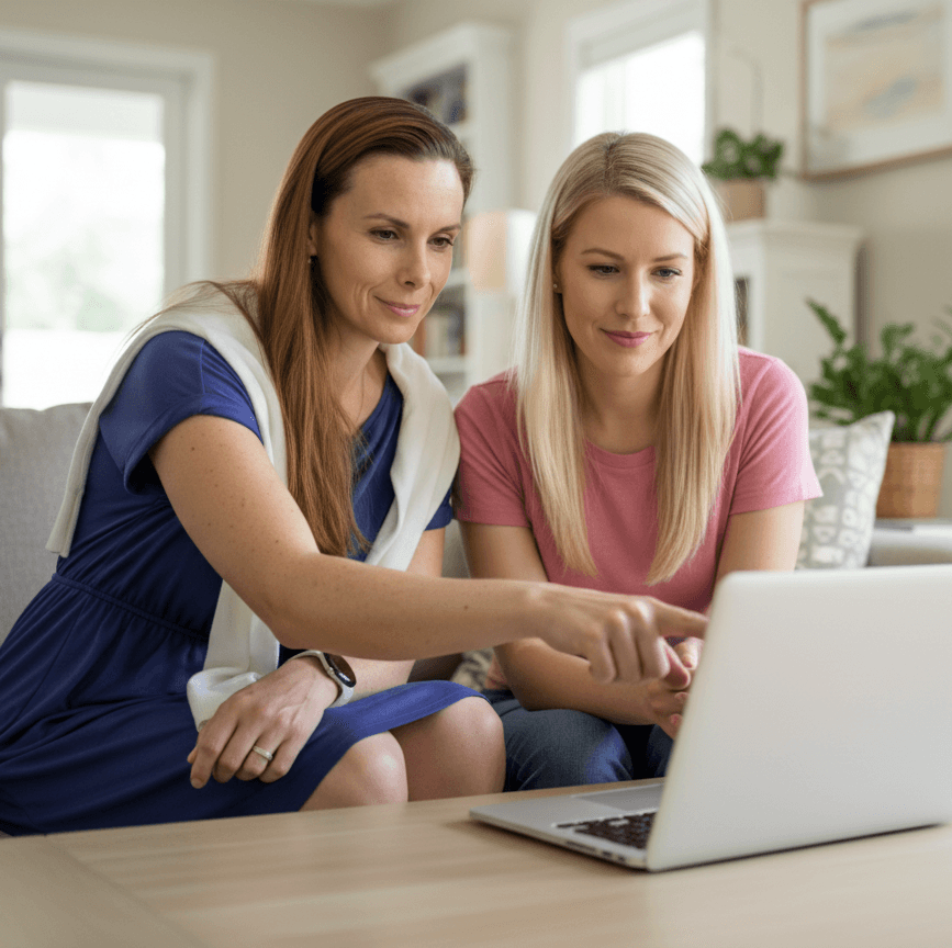 Mentor pomáhá podnikatelce s návrhem webu na notebooku